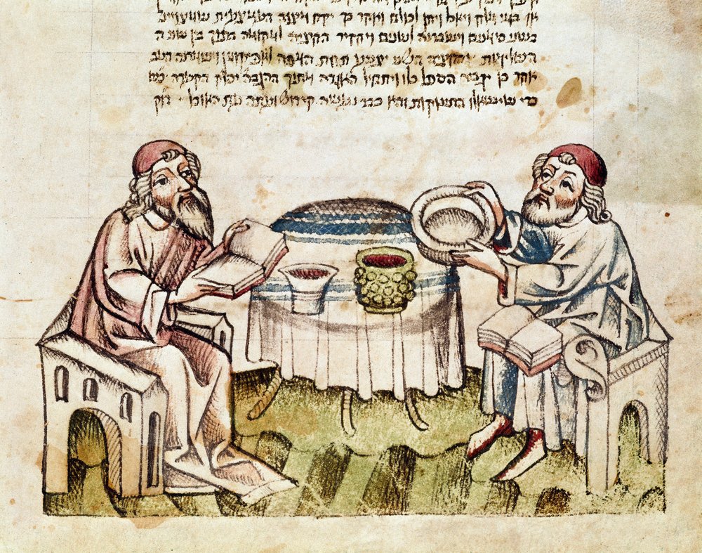 Judaizmus: „” két rabbi a széder szertartásával ünnepli a húsvétot”” Miniatűr Mahzorból (héber imakönyv) 15. századi Parma, Biblioteca Palatina alkotó: Jewish School