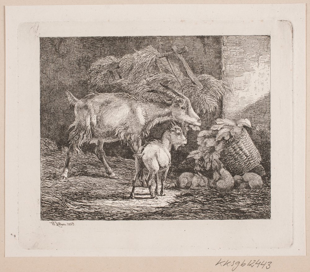 Egy kecske, egy kölyök és nyulak egy istállóban alkotó: Johannes Wilhelm Zillen