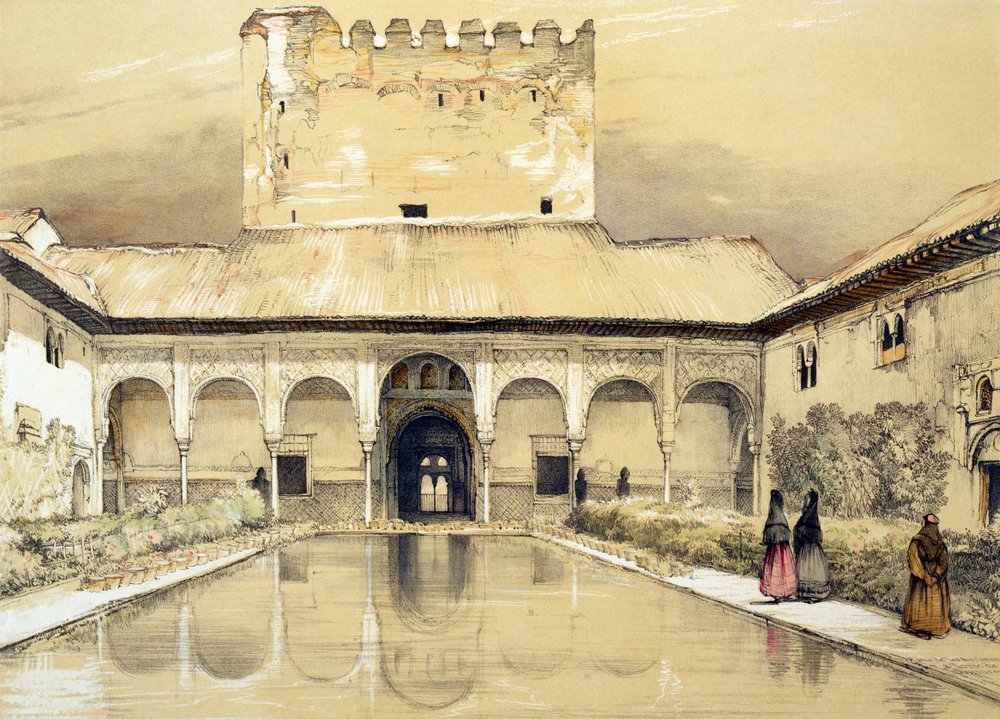 A Mirtuszok udvara (Patio de los Arrayanes) és a Comares-torony, a „Sketches and Drawings of the Alhambra” című műből, William Gauci (fl. 1825-54) metszete, 1835 alkotó: John Frederick Lewis