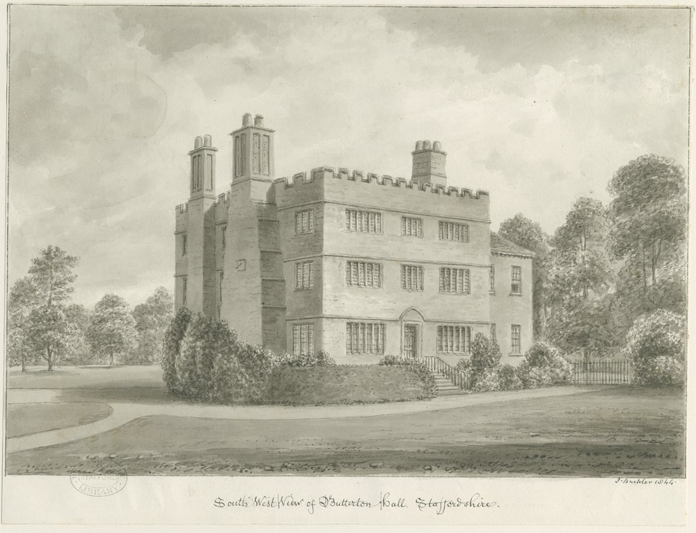 Butterton Hall: szépia rajz, 1844 alkotó: John Buckler