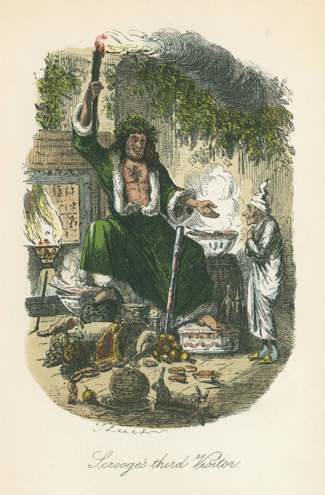 A karácsonyi ajándék szelleme megjelenik Scrooge-nak. Illusztráció: John Leech (1817-64) Charles Dickens számára A Christmas Carol, London 1843-1834. alkotó: John Leech