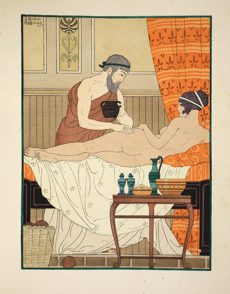 Fehér egyiptomi parfüm felvitele a csípőre, illusztráció Hippokratész „Műveiből”, 1934 alkotó: Joseph Kuhn-Regnier