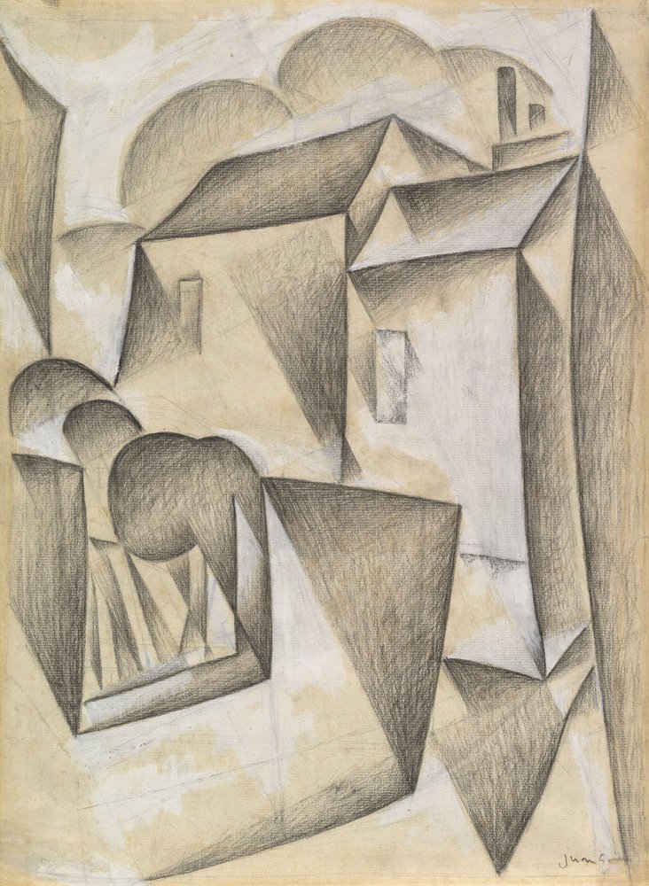 Házak Párizsban, Place Ravignan, 1911 (fekete kréta és gouache fehér fektetett papíron) alkotó: Juan Gris