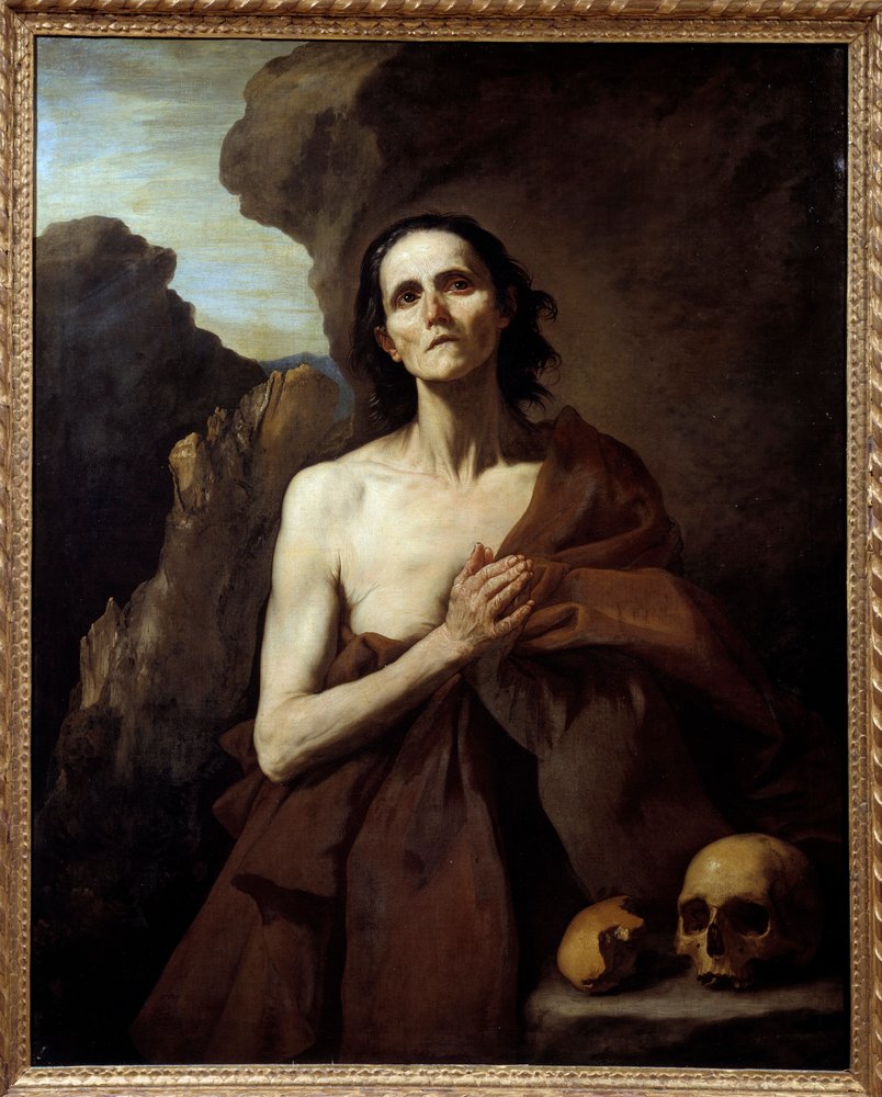Egyiptomi Szent Mária, Penitente a sivatagban festménye (Vanita), Jose de Ribera dit il Spagnoletto „"a spanyol""" (1591-1652) alkotó: Jusepe de Ribera