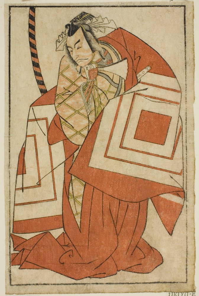 A színész Ichikawa Danjuro V Watanabe Kiou Takiguchi (?) szerepében a Nue no Mori Ichiyo no Mato (?) színdarabban, a Nakamura Színházban (?) a 11. hónapban, 1770 (?) alkotó: Katsukawa Shunsho