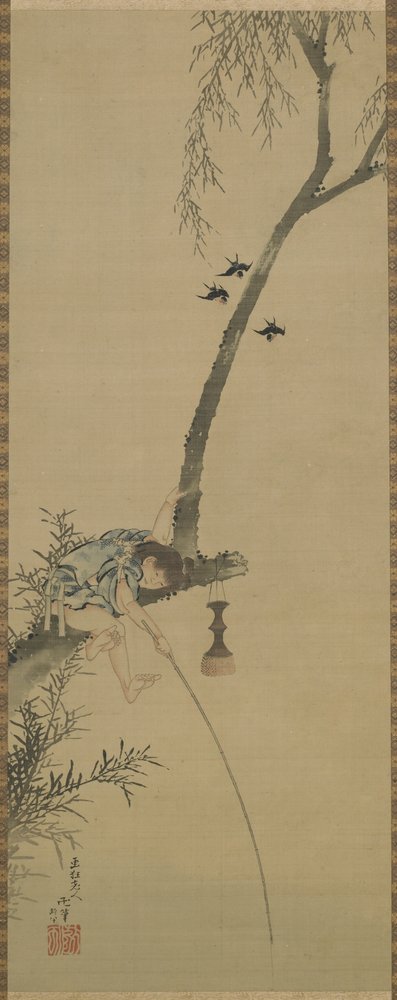 Egy fiú, aki egy fa ágáról horgász, Edo-korszak (tinta és árnyalat a selyemtáblán) alkotó: Katsushika Hokusai