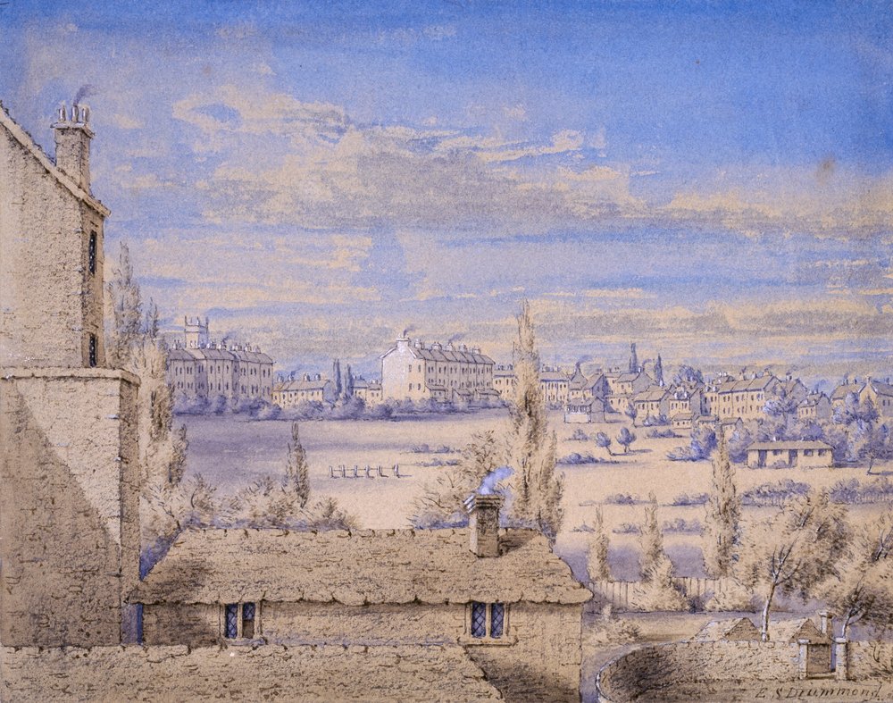 Kilátás a Belgrave térre a londoni Grosvenor Place 6. sz. felől nézve, 1820 körül (wc és ceruza papíron) alkotó: Lady Emily Drummond