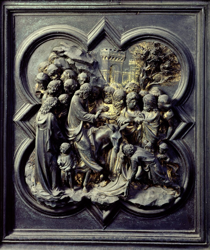Jézus belépése Jeruzsálembe, a San Giovanni Keresztelőkápolna északi ajtóinak tizenegyedik táblája, 1403-24 (bronz) alkotó: Lorenzo Ghiberti