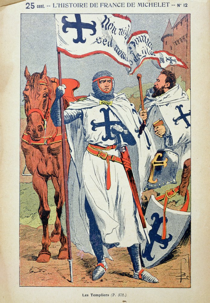A templomos lovagok, illusztráció Jules Michelet (1798-1874) „Histoire de France” című művéből, 1900 körül alkotó: Louis Charles Bombled