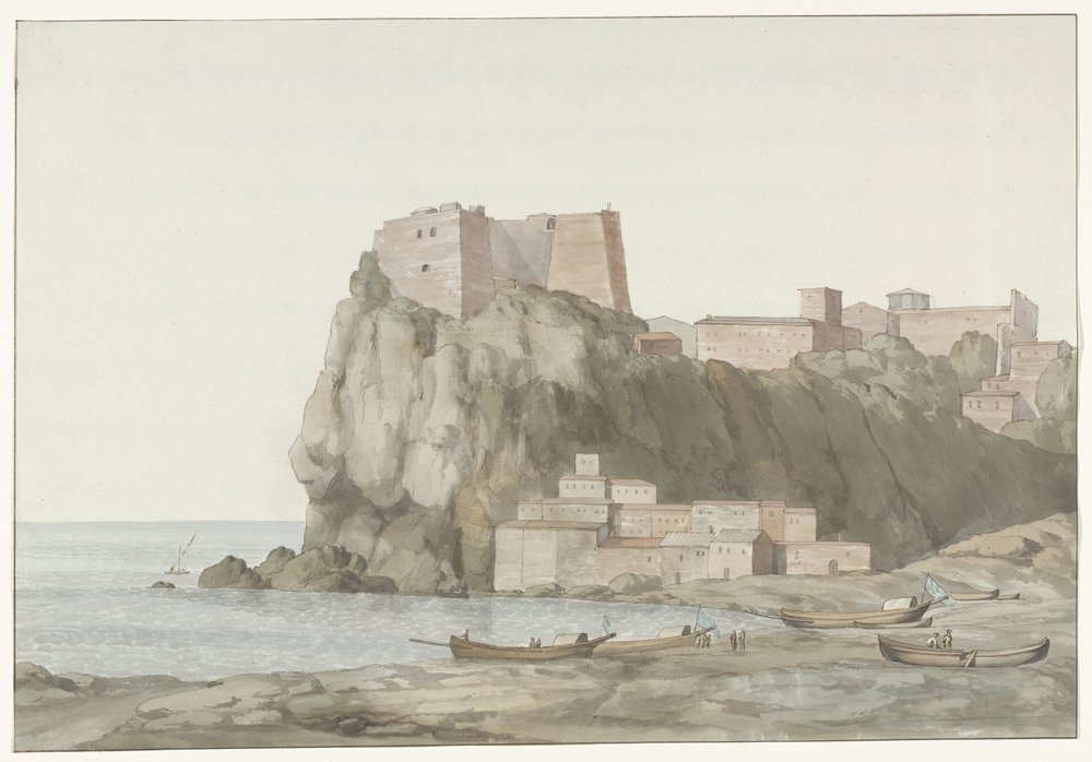 Burps in stad Scilla in de regio Calabrië aan de westkust Rock & Town of Scilla Calabriában; kilátás a naplemente oldaláról (cím a tárgyon) Utazások Olaszországban, Szicíliában és Máltán - 1778 (sorozat címe) alkotó: Louis Ducros