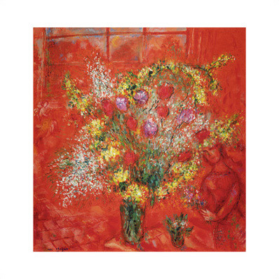 Virágok vörös háttér előtt alkotó: Marc Chagall