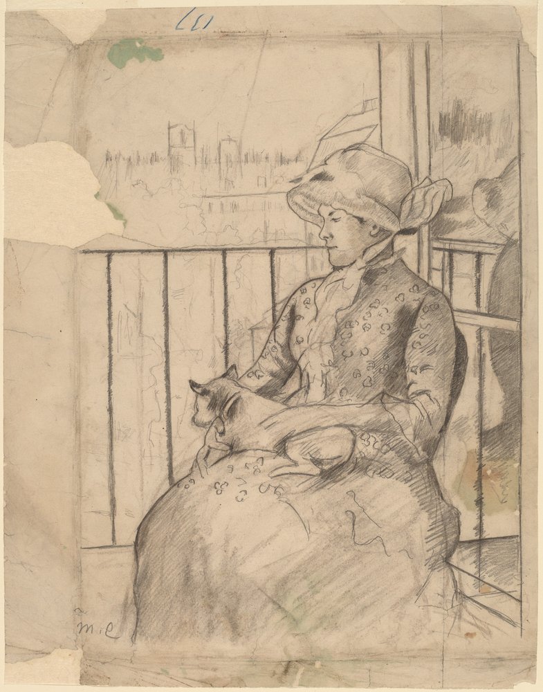 Susan az erkélyen kutyát tartva [recto], c. 1883. alkotó: Mary Cassatt