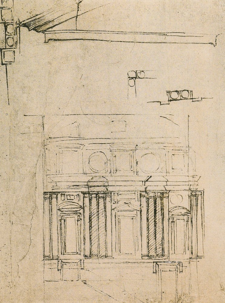 Tanulmány a Laurentian Library ricettójának homlokzatához, Michelangelo rajza. Casa Buonarroti, Firenze alkotó: Michelangelo Buonarroti