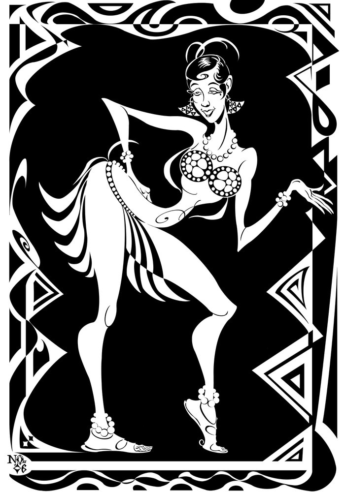Josephine Baker, amerikai táncosnő és énekesnő (1906-75), fekete-fehér karikatúra cikkcakkos szegéllyel, 2006 alkotó: Neale Osborne