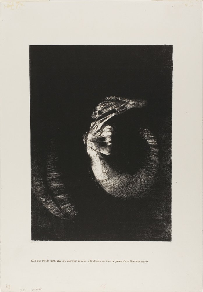 Ez egy rózsákkal koszorúzott koponya... alkotó: Odilon Redon