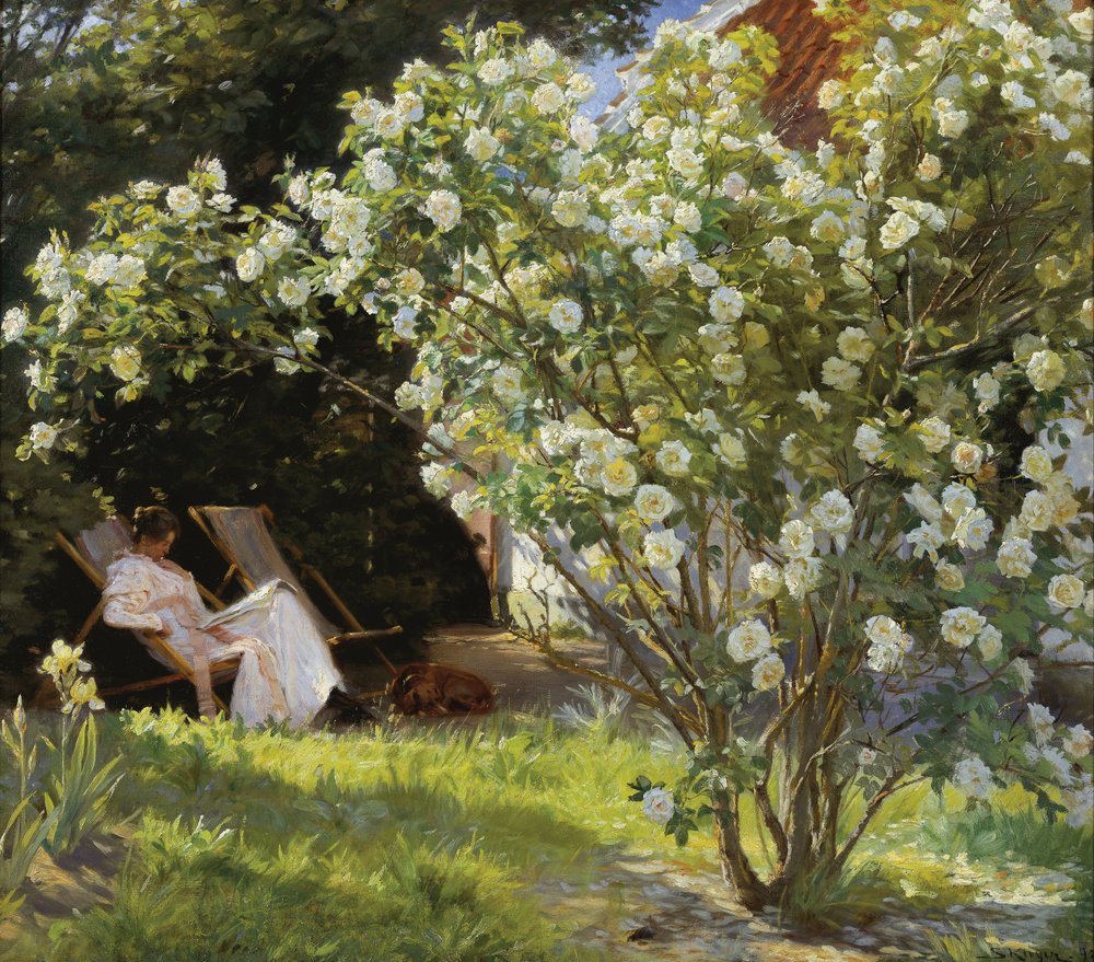 Marie Krøyer nyugágyban ülve Bendsen asszony házának kertjében alkotó: Peder Severin Krøyer