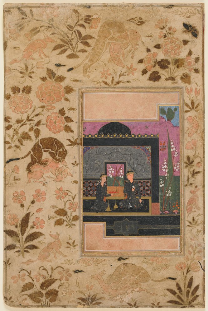 Lap a Haft Paykarból: Bahram Gur és a hercegnő a Fekete Pavilonban, Qazwin, Irán, kb. 1590 alkotó: Persian School