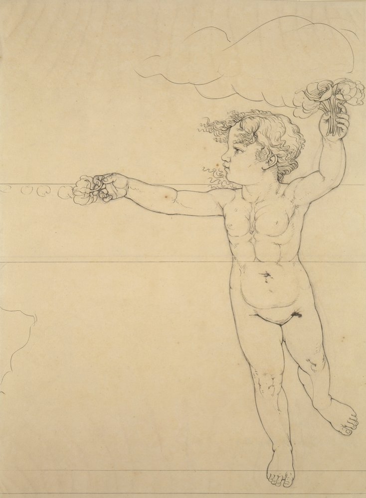 Jobb oldali dzsinn rózsával, tanulmány a reggelhez, 1809 (toll és fekete tinta ceruza fölött papíron) alkotó: Philipp Otto Runge