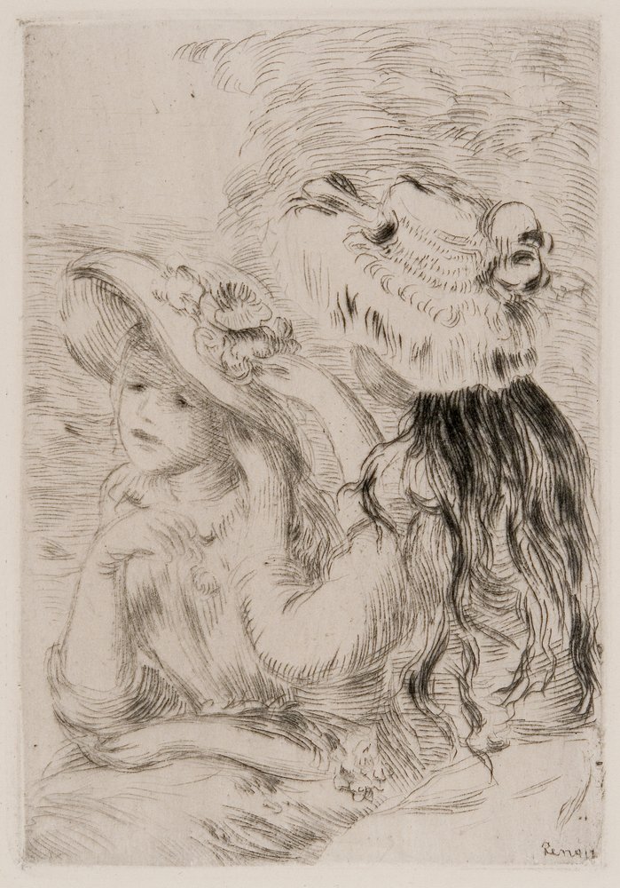 Két fiatal lány virágot tűz a kalapjára, 1894 körül (tusrézia, papír) alkotó: Pierre Auguste Renoir