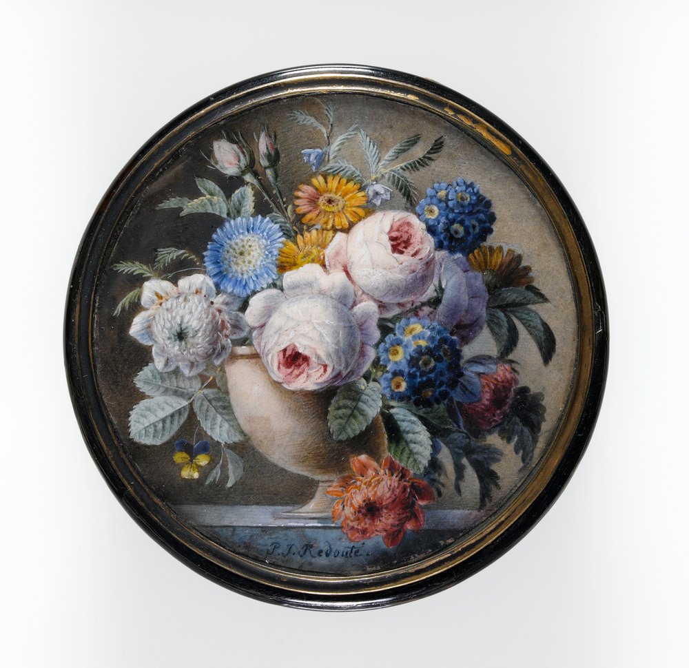 Teknősbékahéj doboz miniatűr virágokkal kővázában, márványlapon, 1827 (wc és testszín a kártyán, üveg alatt, aranyozott fém tartóban) alkotó: Pierre-Joseph Redouté