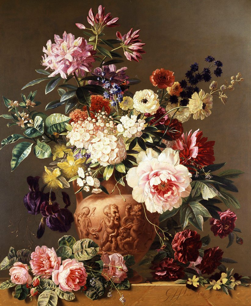 Nyári virágok csendélete. Rózsák, bazsarózsák, anemónák, íriszek. Georgius Jacobus Johannes Os (1782-1861) festménye Magángyűjtemény. alkotó: Pieter Gerardus van Os