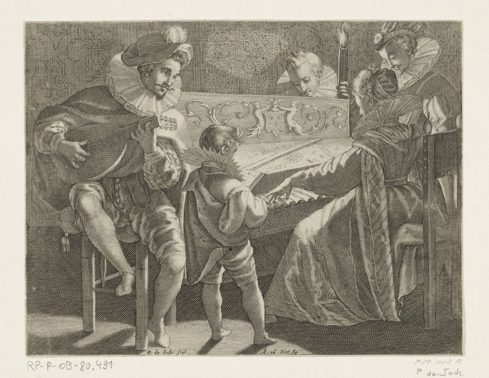 Fáklyafényben zenélő társaság, 1600 körül alkotó: Pieter de Jode (I)