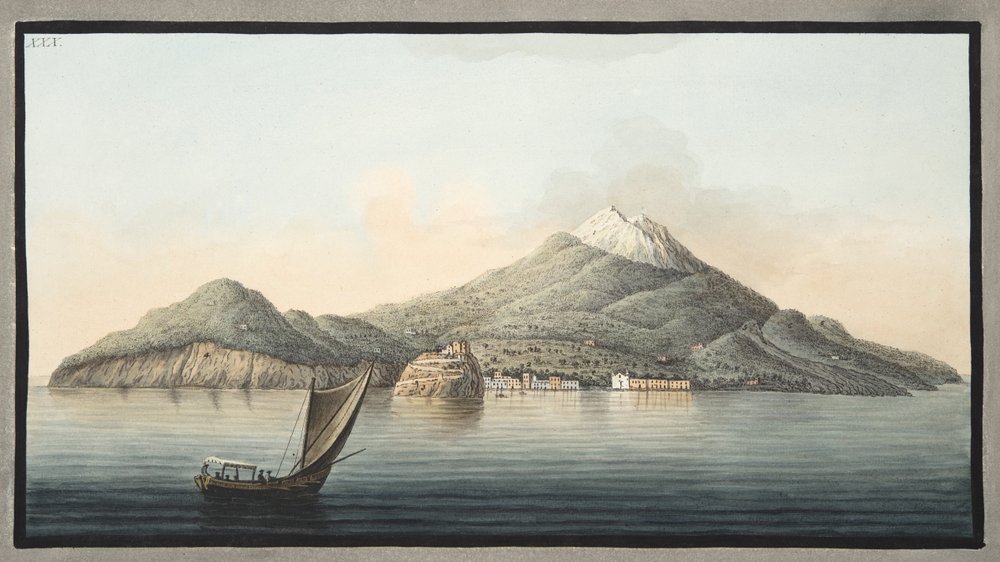 Ischia szigetének kilátása a tengerről, XXX. tábla, a „Campi Phlegraei: Észrevételek a két szicília vulkánjairól”, Sir William Hamilton (1730-1803), 1776-ban megjelent (kézzel színezett engr) alkotó: Pietro Fabris