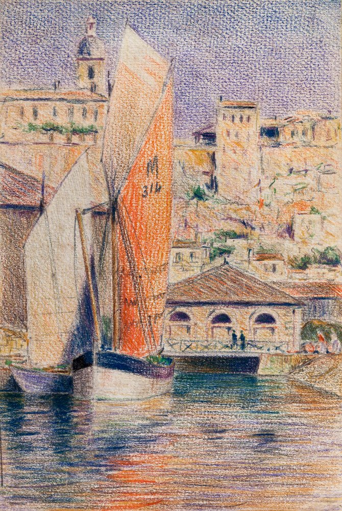 Bourg-sur-Gironde kikötője egy gabaréval (ceruza és pasztell, papír) alkotó: Raymond Bonnefon