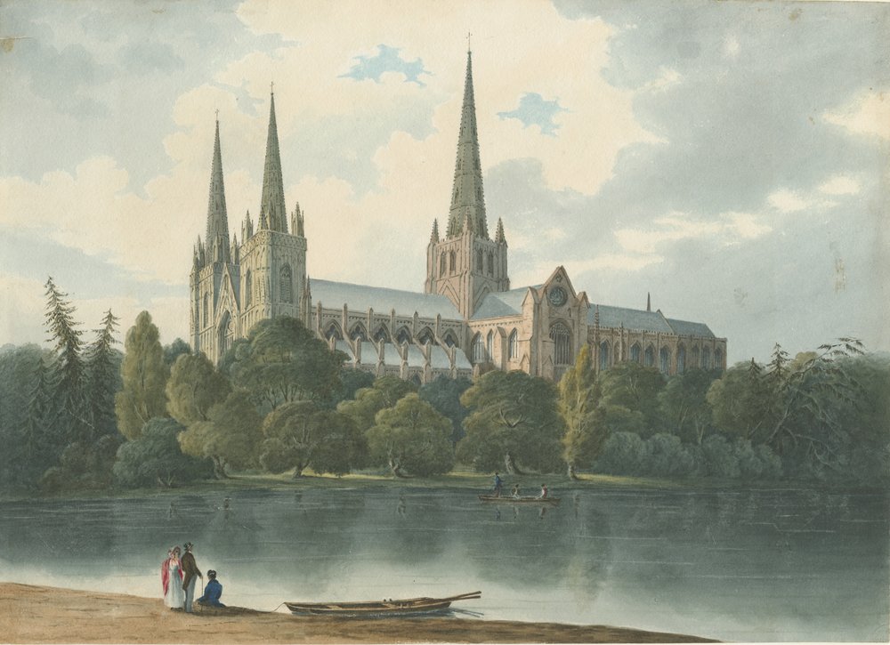 Lichfield katedrális – Délnyugati nézet: akvarell festmény, 1824. július (festmény) alkotó: Robert Noyes