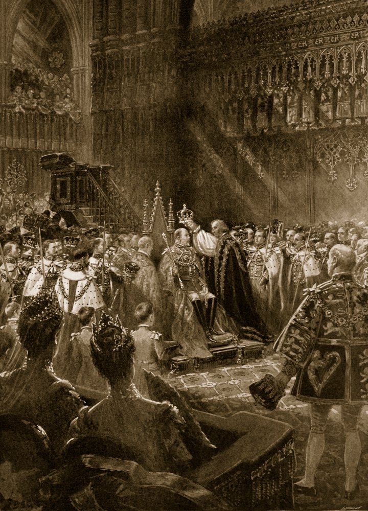 Az 1902-es koronázási szertartás: VII. Eduárd király testhelyzete a koronázás aktusa alatt, a „The Illustrated London News” című lapból, 1902 alkotó: Samuel Begg