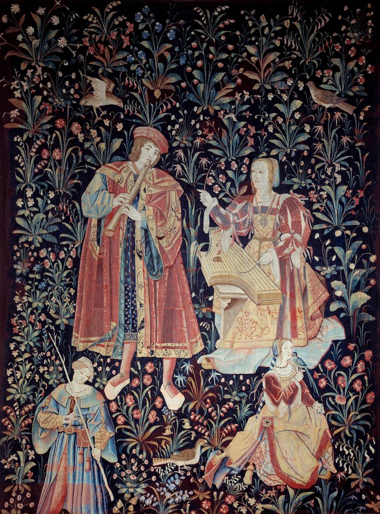 A Seigneuriale Life függöny: a koncert Gyapjúból és selyemből készült gobelin 1520 körül Hollandiában. V 2,6x3,7 m Párizs, Középkori Nemzeti Múzeum, Thermes de Cluny alkotó: School Netherlandish