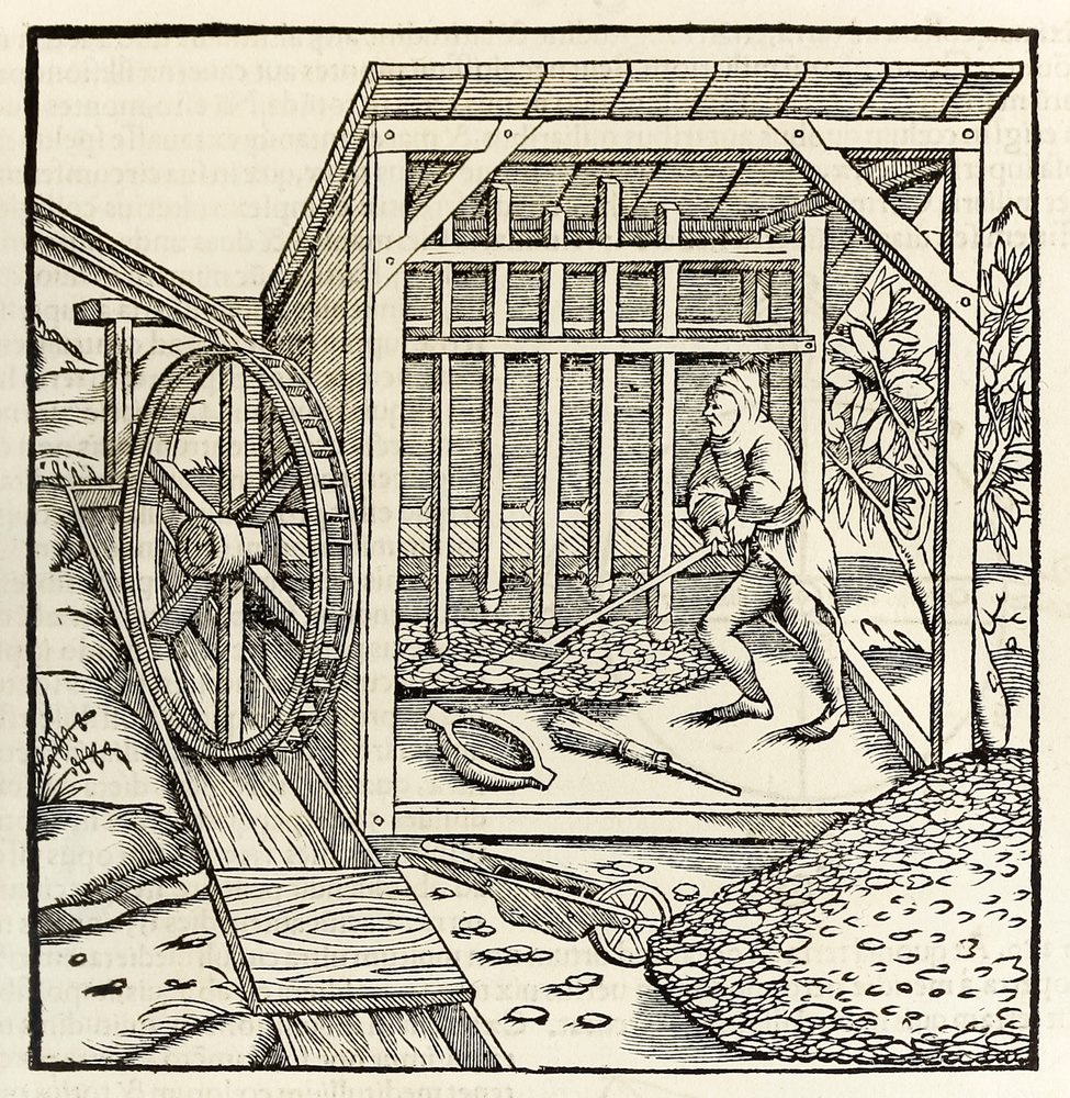 Bányászat vízikerékkel, Sebastian Munster „Cosmographiájának” 1550-es kiadásából (fametszet) alkotó: Sebastian Munster