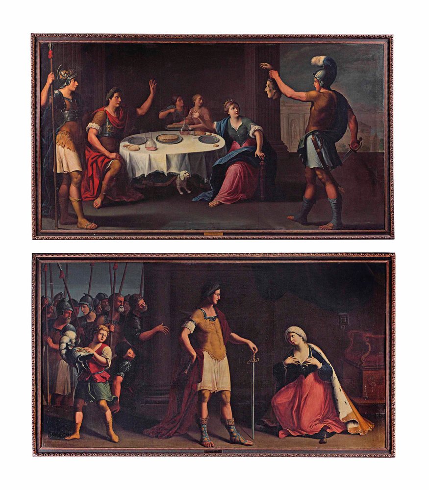 Pompeius feje átadva Caesarnak; és Octavius Augustus Caesar, aki kegyelmet mutat Kleopátrának (olaj, vászon) alkotó: Stefano (attr.) Tofanelli