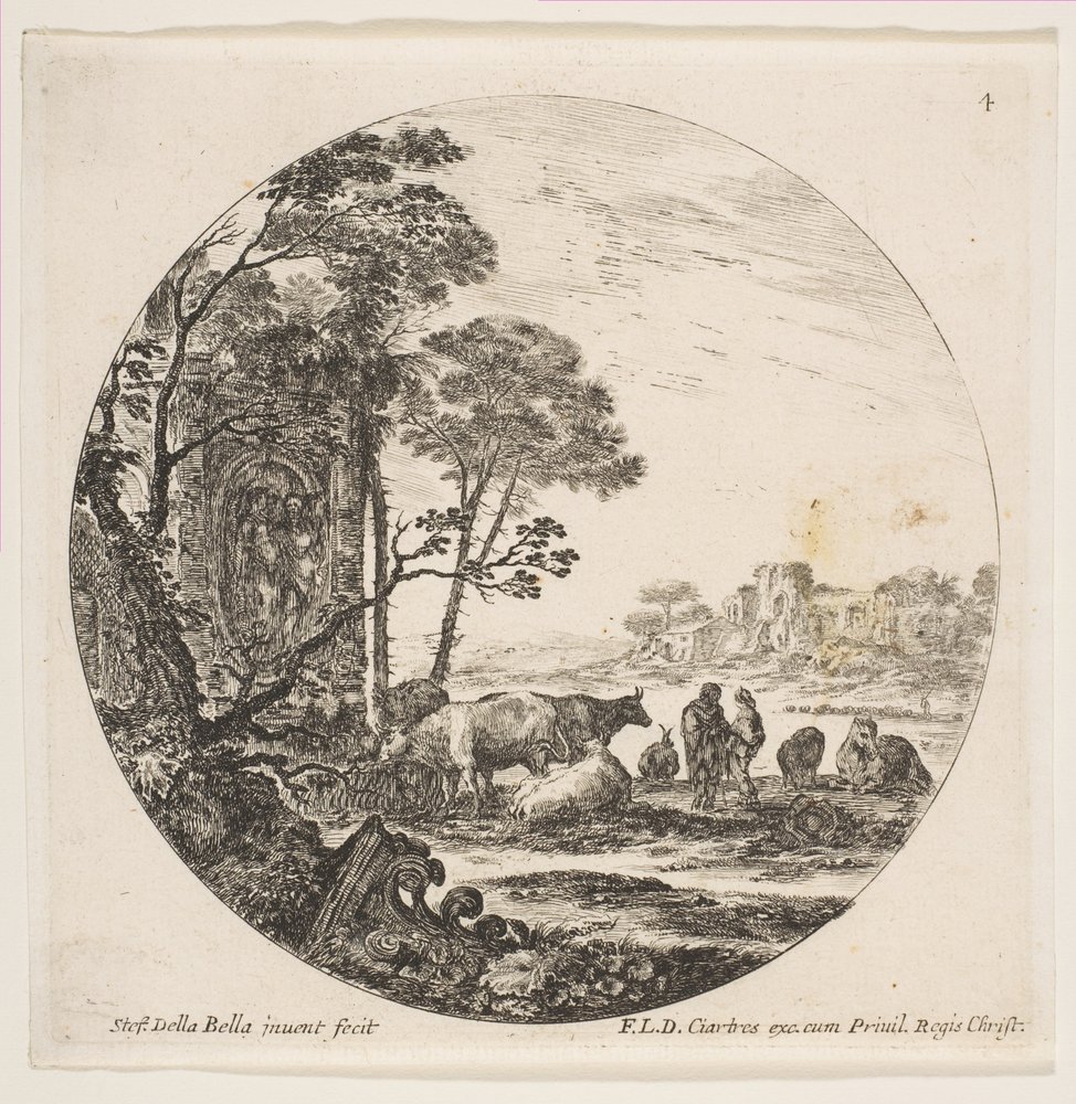4. tábla: bal oldalon egy korinthoszi főváros a földön, egy emlékmű alacsony fényű alakokkal..., kb. 1646. alkotó: Stefano della Bella