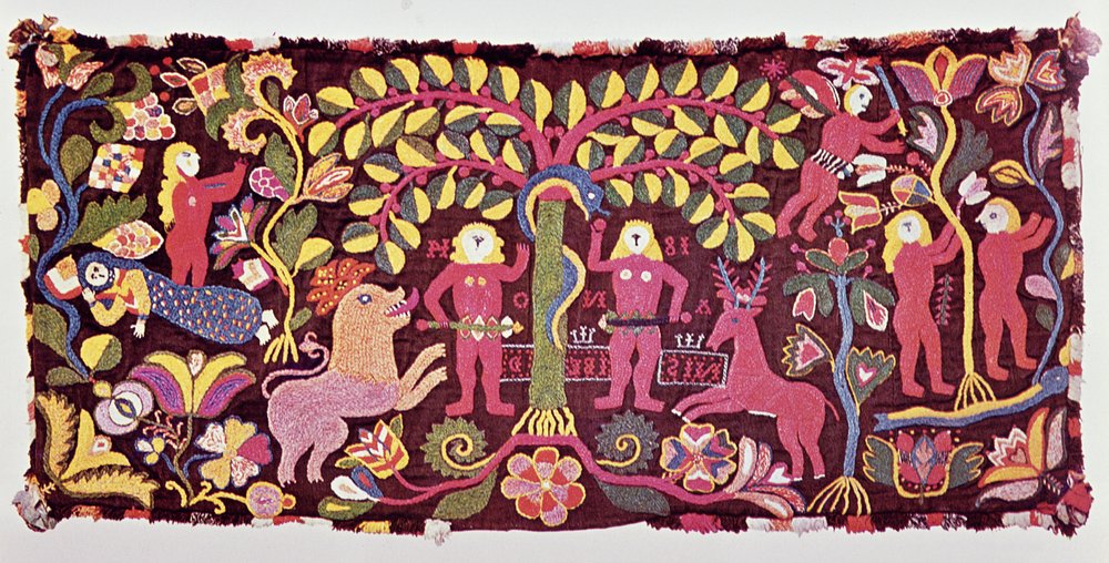 A kocsi párnahuzata az ember bukását, Éva teremtését és a Paradicsom kiűzését ábrázolja, Akarpból, Skane, Svédország, 1814 körül (textil) alkotó: Swedish School