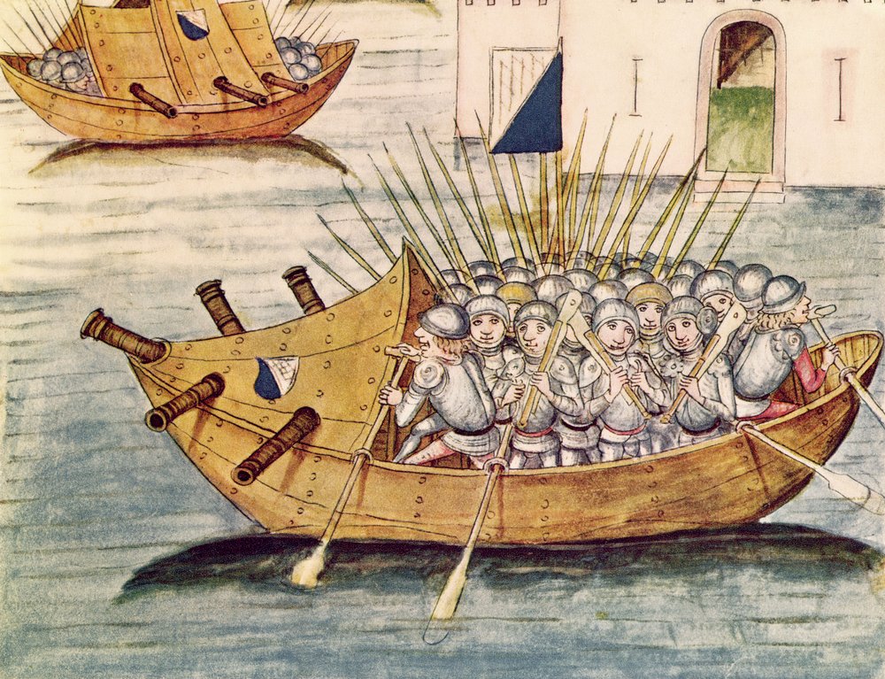 Fegyverrel felfegyverzett katonák egy ágyús hajóban, a Berner Chroniktól, idősebb Diebold Schilling (1445-85 körül) 1483 alkotó: Swiss School