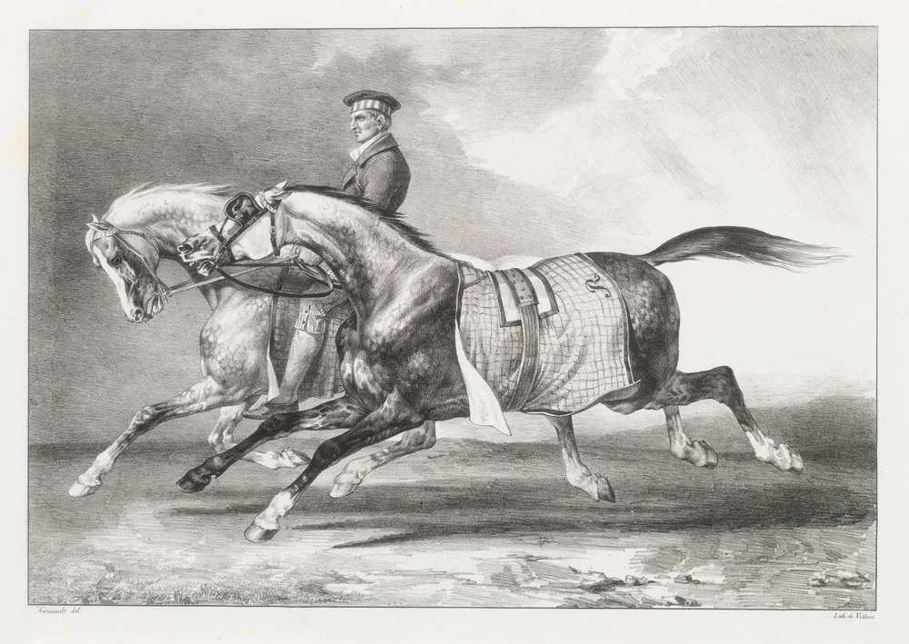 Két foltos szürke ló, amelyet sétáltatnak (Two Dapple-Grays Being Exercised) alkotó: Theodore Gericault