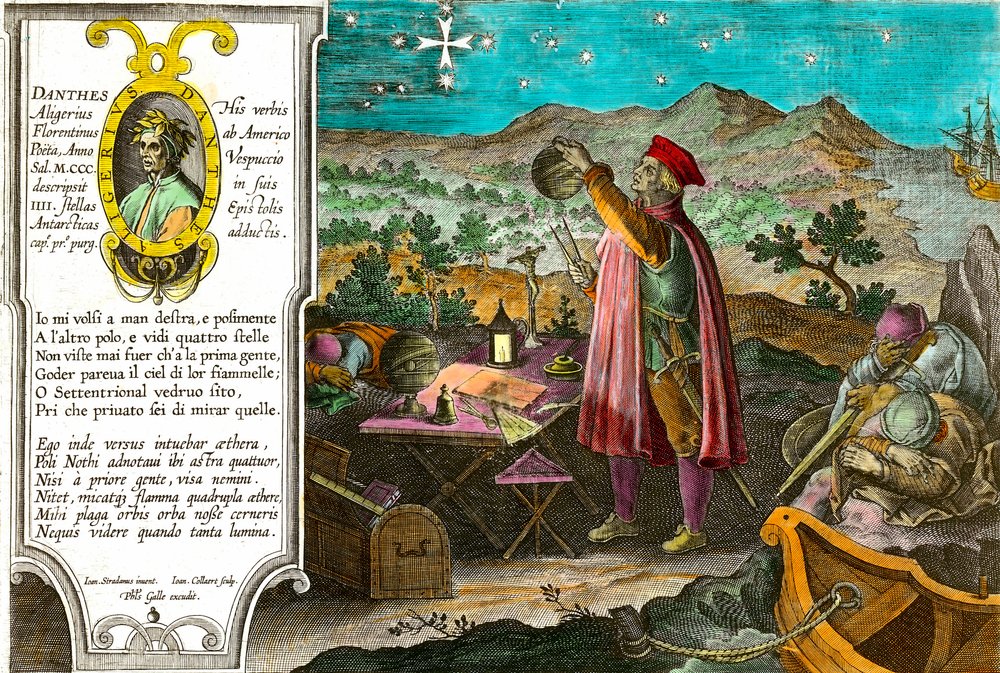 Amerika története: Amerigo Vespucci (Americus Vespucius) (1451/1454-1512), olasz kereskedő és hajós asztrolábiumával megméri a Déli Keresztet. Dante Alighieri (1265-1321) olasz költő bal oldali portréja és az első dal részlete. alkotó: Theodore de Bry