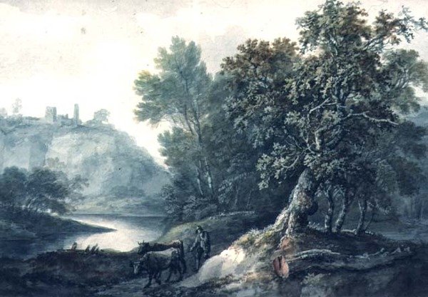 Tájkép folyóval és szarvasmarhával (wc, papír) alkotó: Thomas Barker of Bath