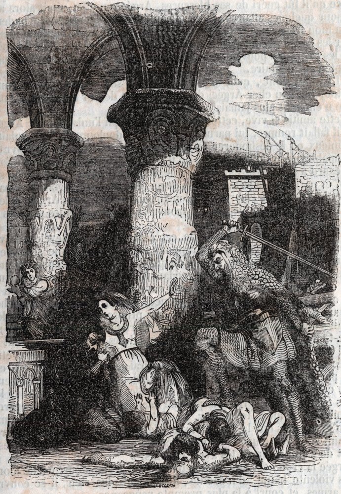 Rodomont mészárlás les habitatnts de Paris - 1851-es metszet a „” Roland furieux”-tól” (Orlando furioso) (16. század), Ludovico Ariostotól, Arioste néven ismert – Tressan gróf olasz nyelvről fordított kiadása, Gustave Harvard kiadása 185 alkotó: Unknown artist