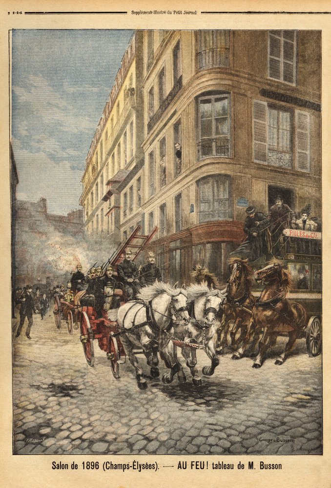 A párizsi tűzoltók gőzszivattyúja és járművei Busson úr festménye szerint. Metszet a „” Le petit journal”-ban 1896.03.05. Selva gyűjteménye. alkotó: Unknown artist
