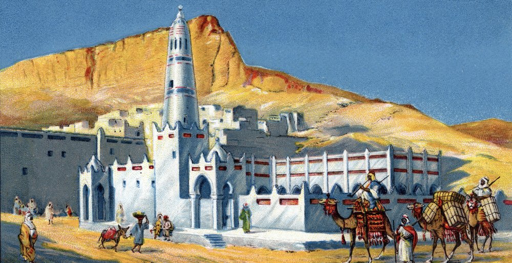 A Horeda mecset látképe, Hadramaout sivatag, Jemen (Horeda mecset Hadramaut Jemen) 1930-as évek kromolitográfia Magángyűjtemény alkotó: Unknown Artist