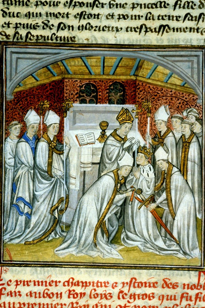 VI. Lajos koronázása (1108) - Illumináció a „Saint-Denis nagy krónikái” című középkori pergamenkéziratból, a 14. század vége (512. hivatkozás) alkotó: Unknown artist