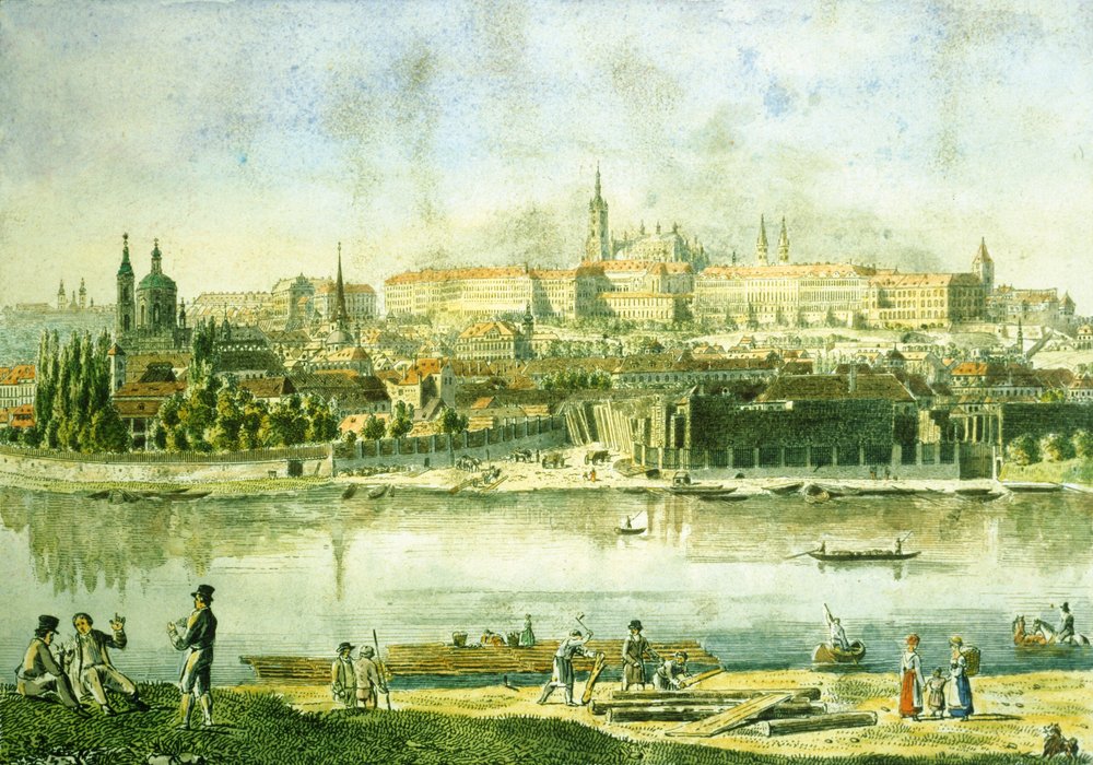 Prágai vár és a kis negyed egy része, 1825 (színes rézkarc) alkotó: Vincenc Morstadt