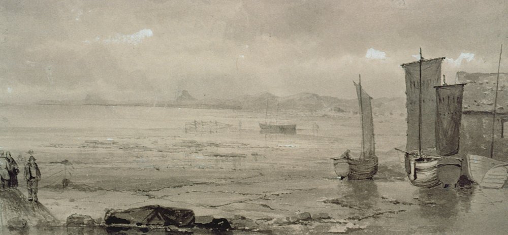 Tengerparti tanulmány: apály, halászhajókkal és halászokkal, 19. század (akvarell) alkotó: William Collins