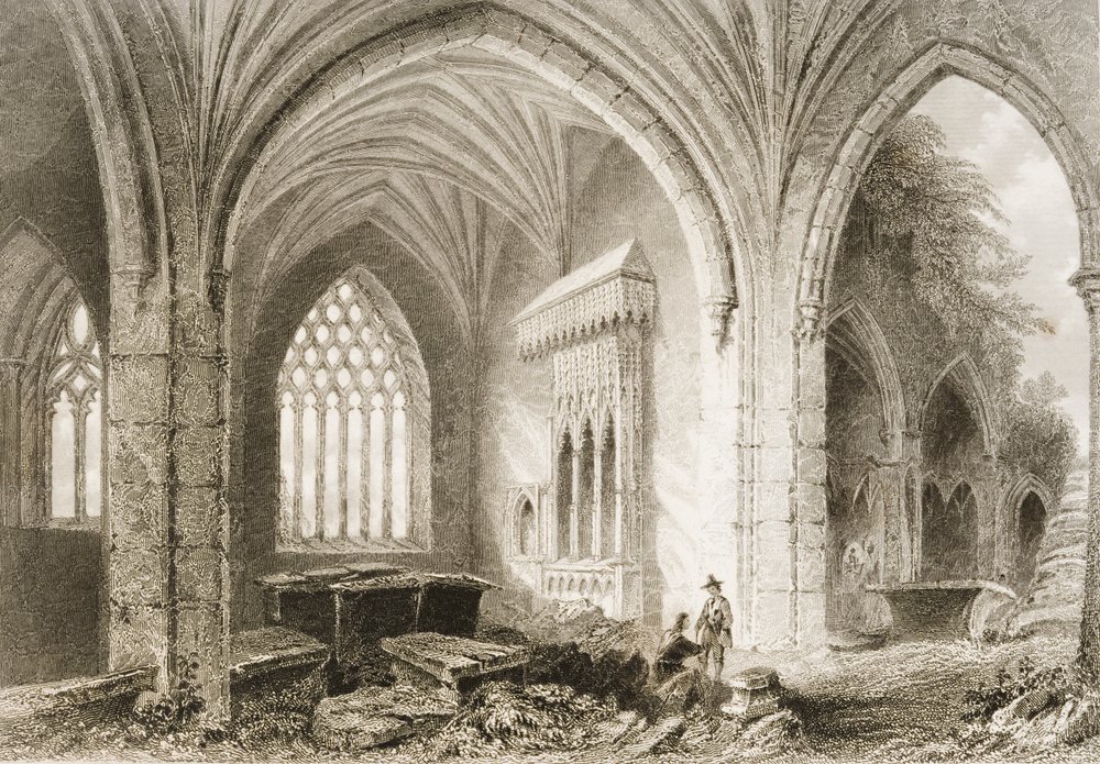 A Holycross Abbey belseje, Tipperary megye, Írország, George Virtue „Scenery and Antiquities of Ireland” című művéből, 1860-as évek alkotó: William Henry Bartlett