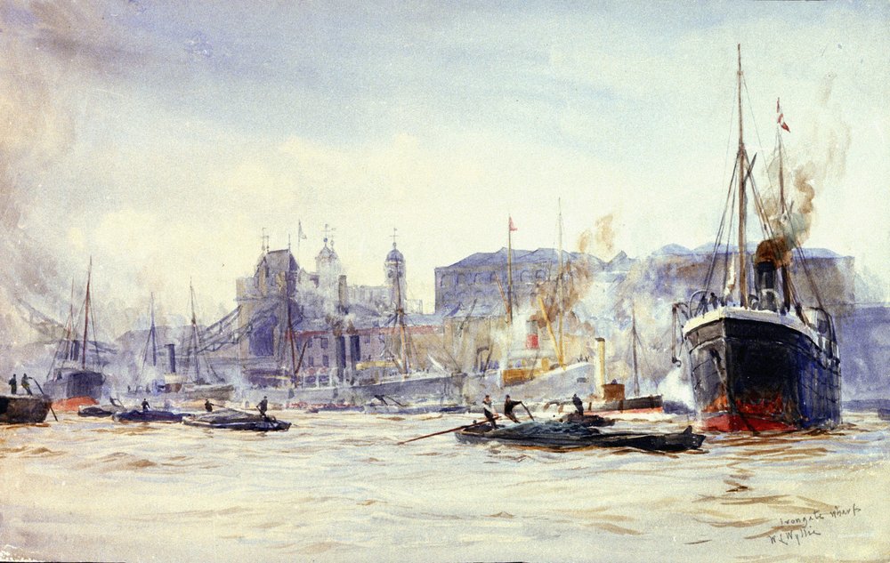 Tevékenységi jelenet a Temzén (Anglia), az Irongate Quay mentén, a távolban a Tower híddal. alkotó: William Lionel Wyllie