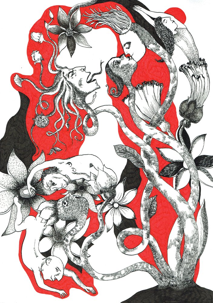 Kisemberek, 2018 (tusrajz papíron) alkotó: Sabina Nedelcheva-Williams