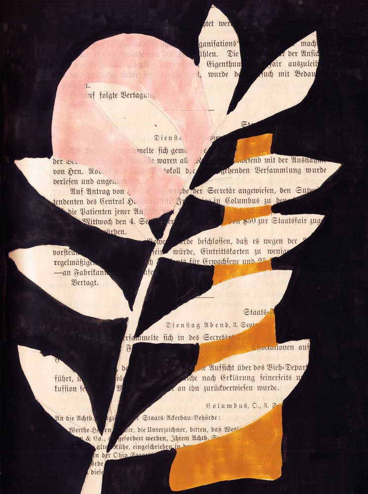 Absztrakt levelek fekete háttérrel – gouache-festmény alkotó: Annick