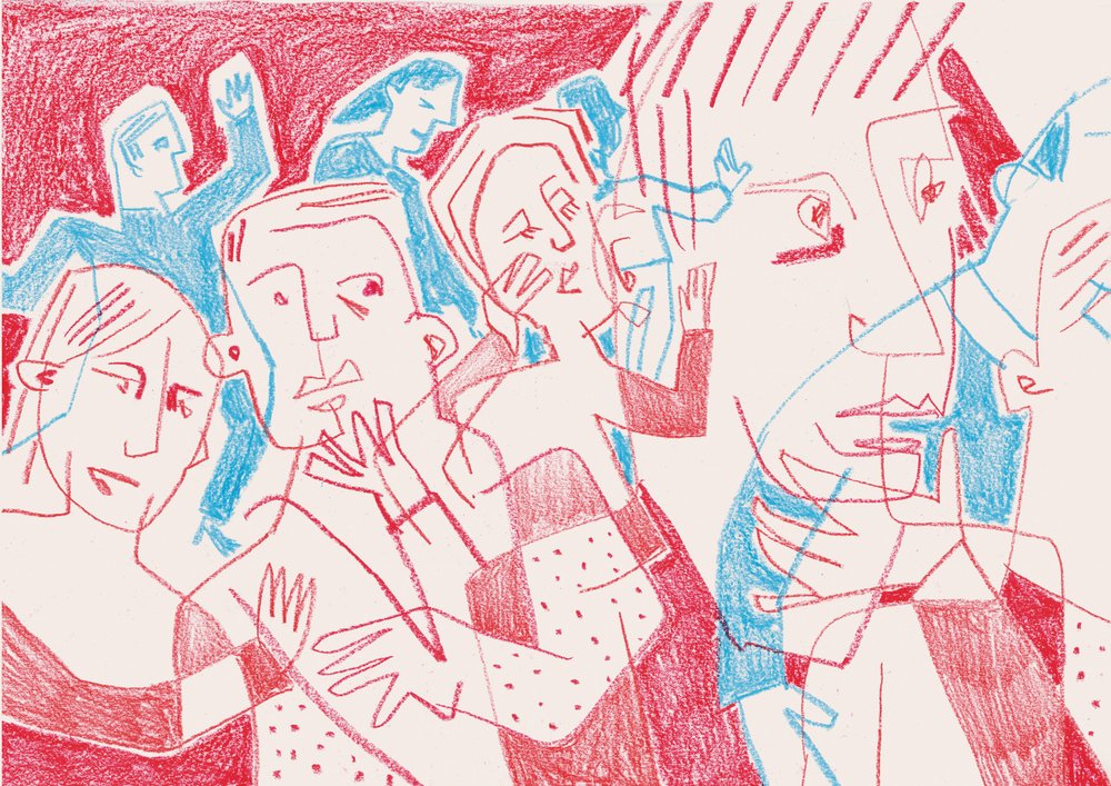 Kifejező alakok pirosban és kékben alkotó: Catalina Somolinos